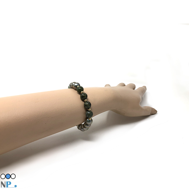Bracelet de perles de culture d'eau douce avec Pierre de Jaspe du Sang du Dragon pierre semi precieuses et billes en Or 18 carats